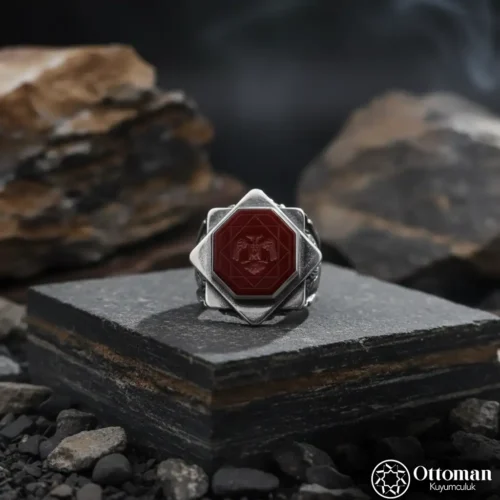 Akik Taşlı Çift Başlı Kartal Gümüş Erkek Yüzük