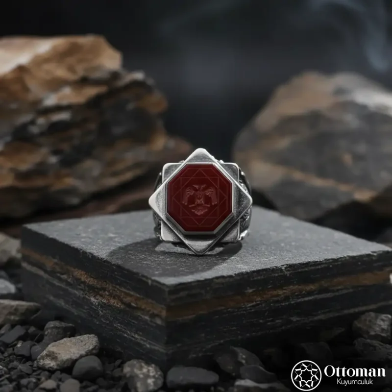 Akik Taşlı Çift Başlı Kartal Gümüş Erkek Yüzük