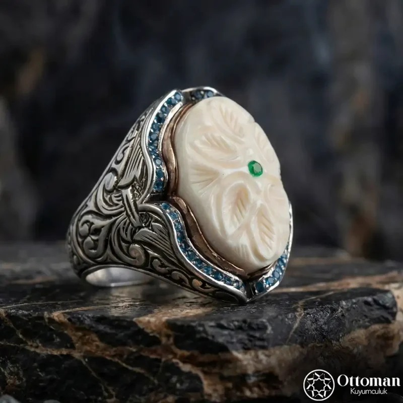 El İşi Fil Dişi Detaylı Gümüş Erkek Yüzük
