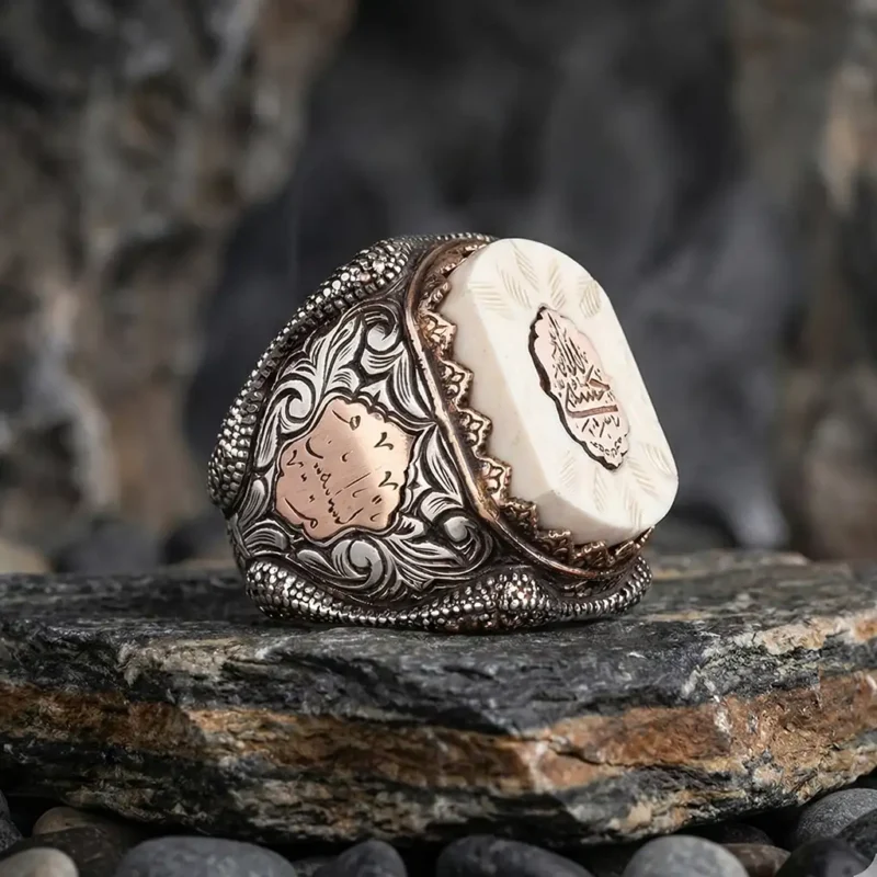 Fil Dişi Hasbiyallah Yazılı Gümüş Erkek Yüzük