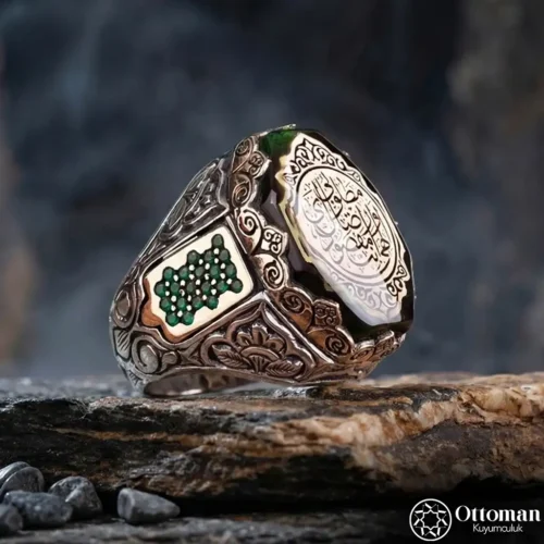 Sekizgen İlahi Ente Maksudi ve Rızake Matlubi Dualı Gümüş Erkek Yüzük
