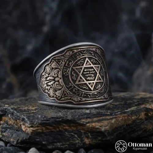 Sade Gravür Desenli Süleyman Mührü Gümüş Erkek Yüzük