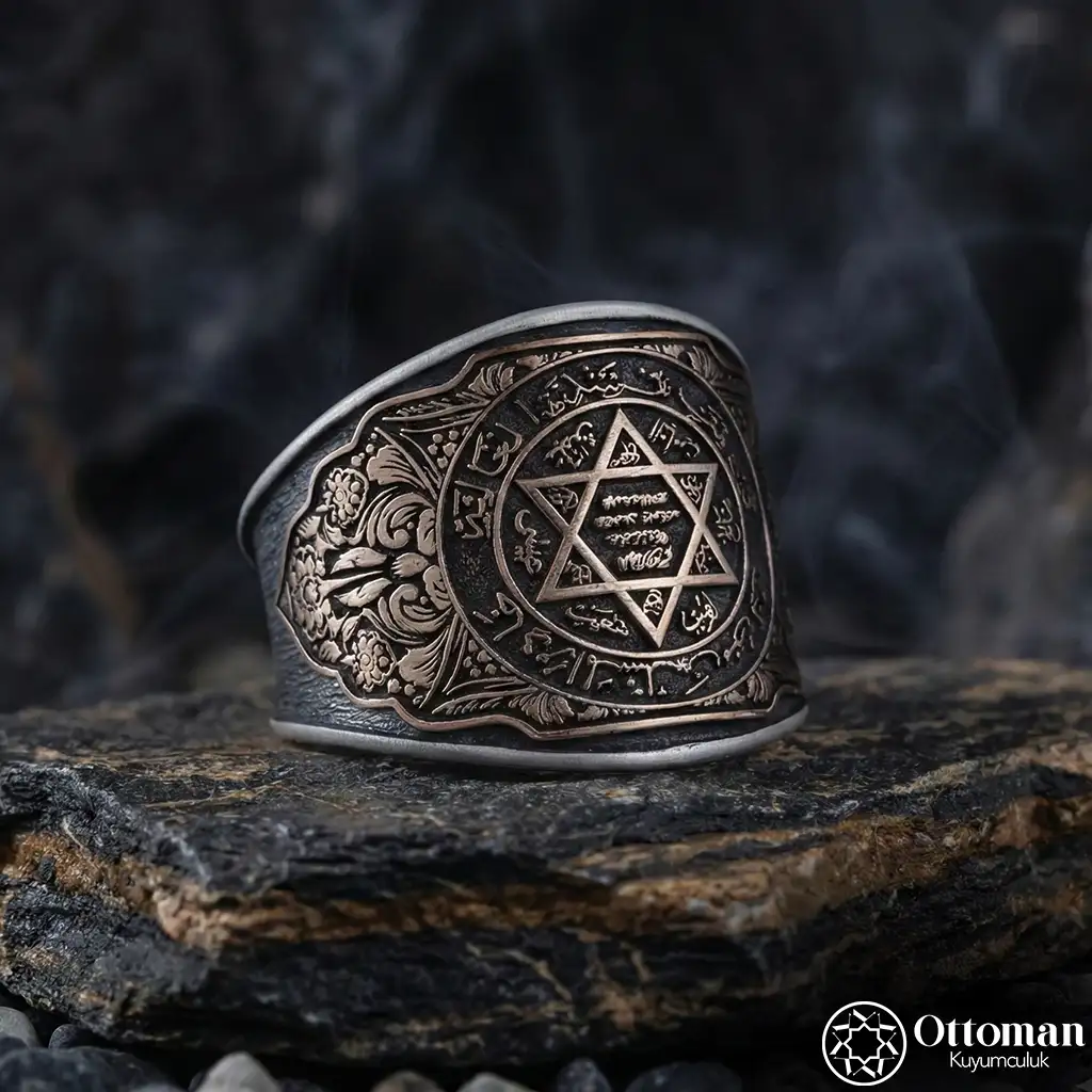 Plain Engraving Patterned Süleyman Mührü Silver Men's Ring