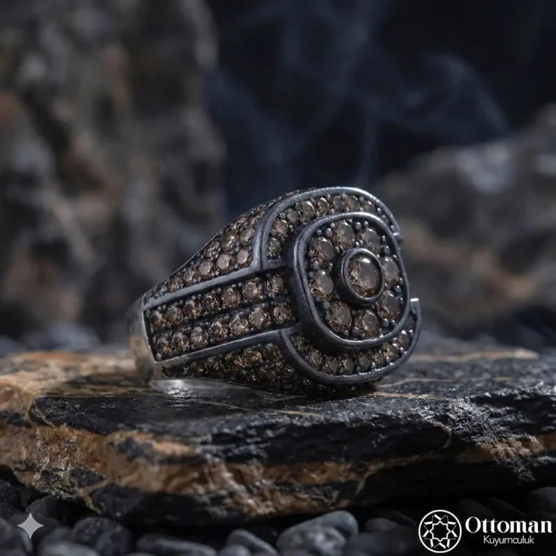 Özel Tasarım Pırlanta Taşlı Gümüş Erkek Yüzük