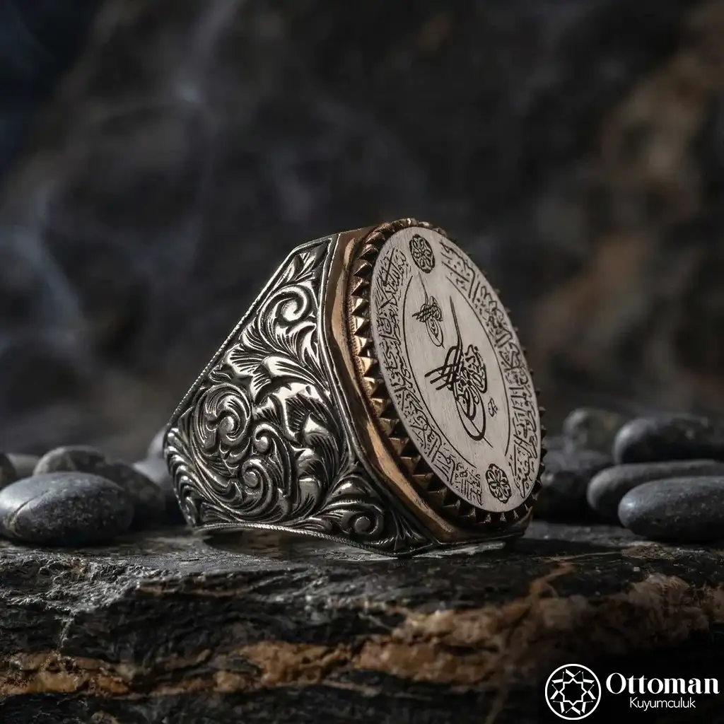 Besmele-i Şerif Engraved Tughra Silver Men's Ring