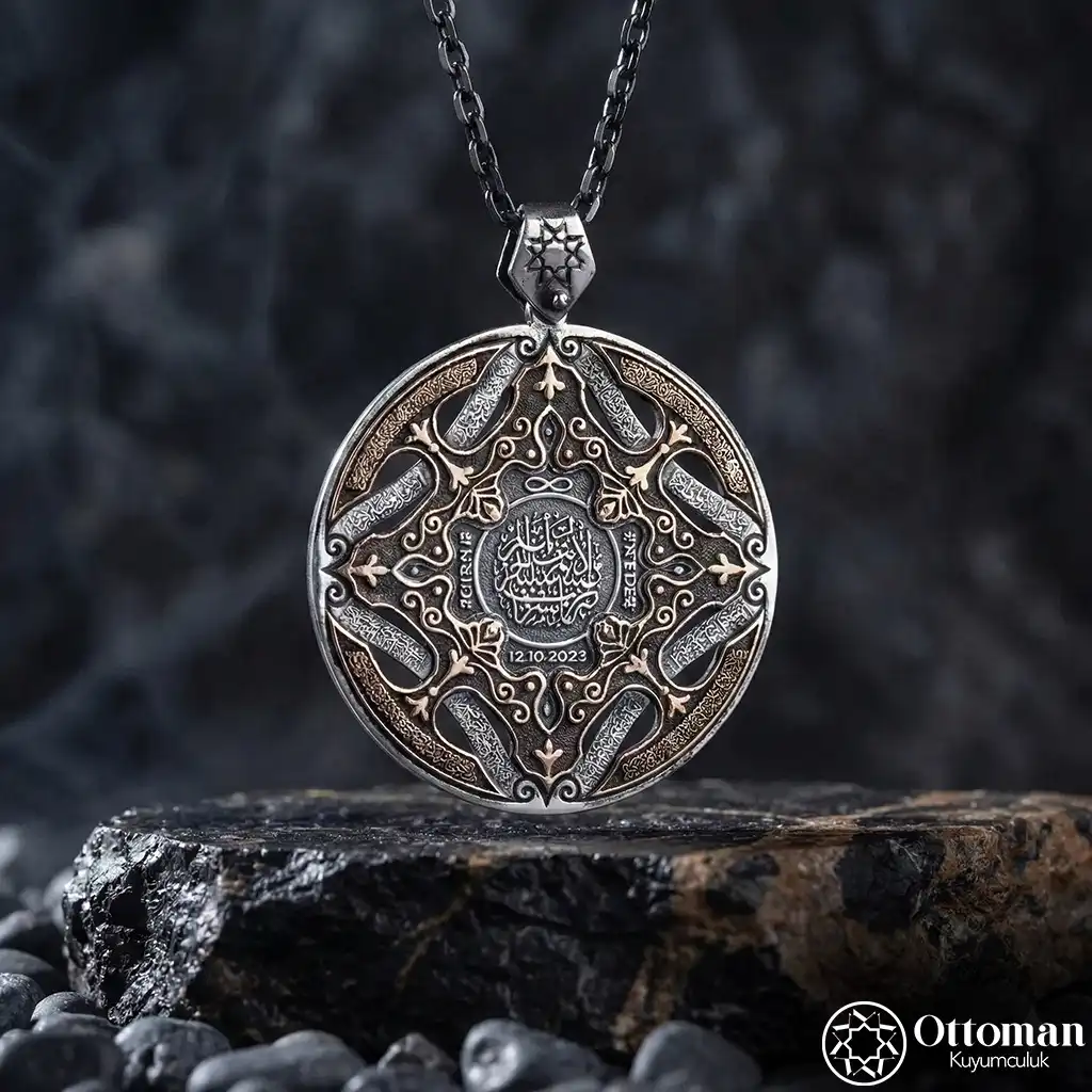 Koruma Prayer Silver Medallion Necklace