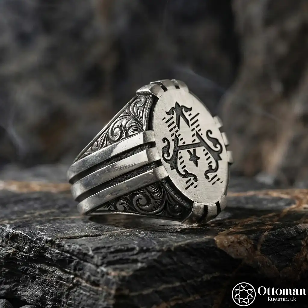 Monogram Letter Engraved Pençe Silver Men's Ring