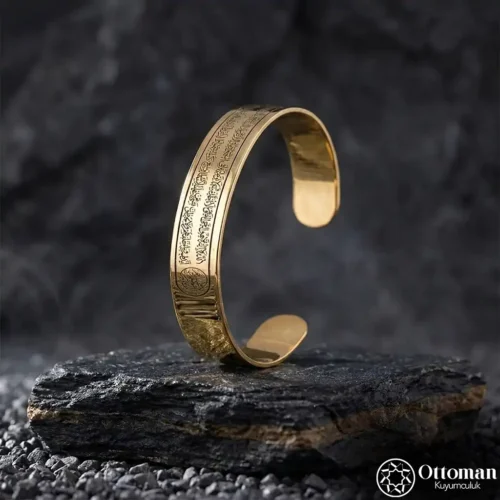 Ayetel Kürsi Yazılı Sarı Kaplama Gümüş Erkek Bileklik