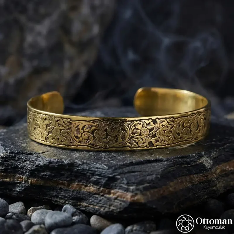 Gravür Gümüş Erkek Kelepçe Bileklik Gold Kaplama