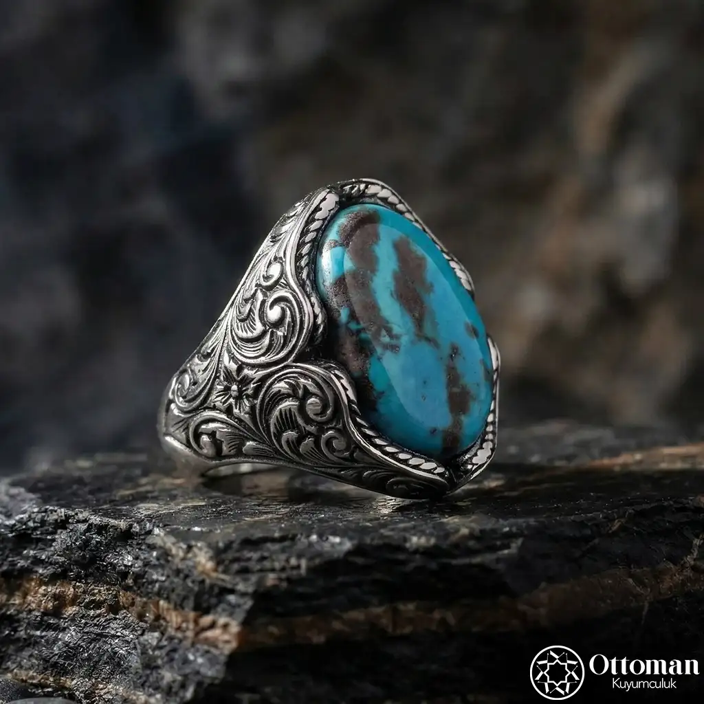 Natural Stone Engraving Patterned Turquoise Silver Men's Ring