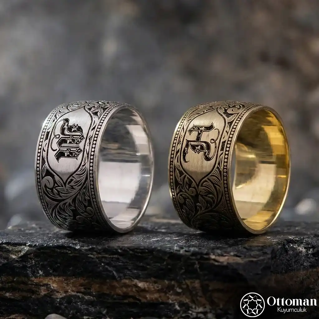 Engraving Initial Silver Wedding Ring Set