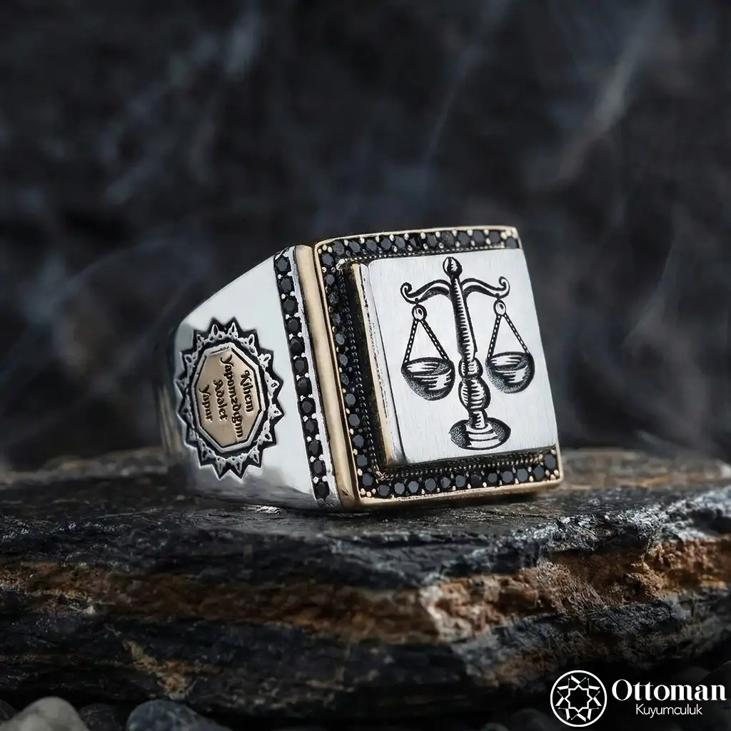 Adalet Terazisi Motif Silver Men's Ring
