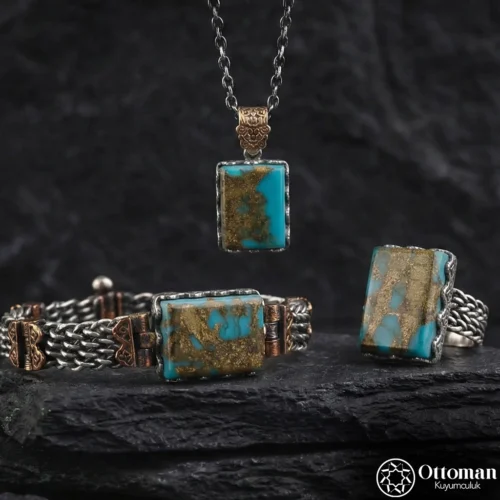 Fi̇ruze Taşlı Gümüş Örme Üçlü Set