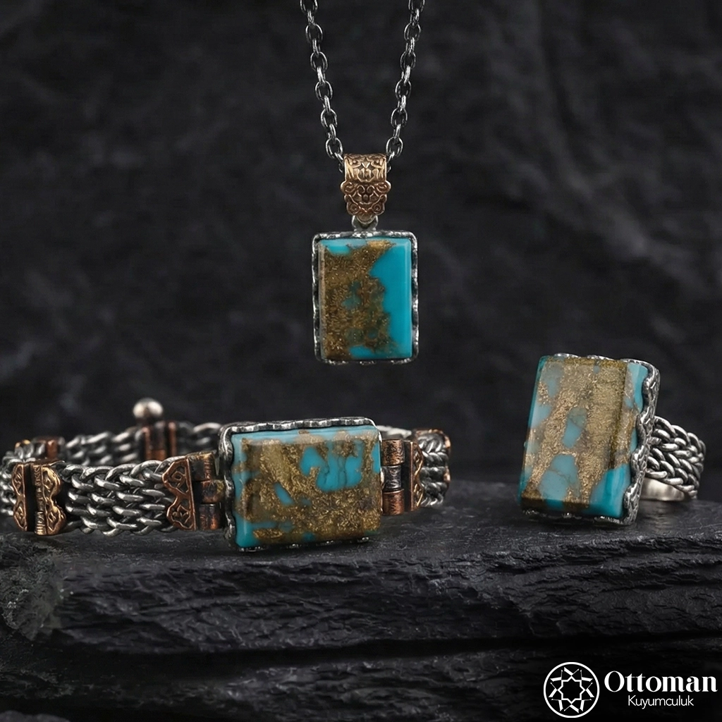 Turquoise Stone-set Silver Woven Triple Set