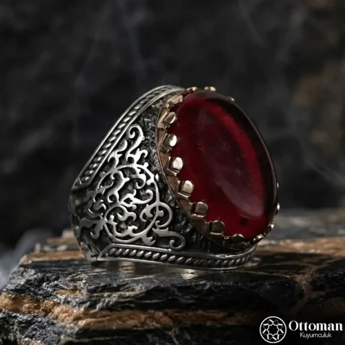 Kırmızı Ateş Kehribar Taşlı Gümüş Erkek Yüzük