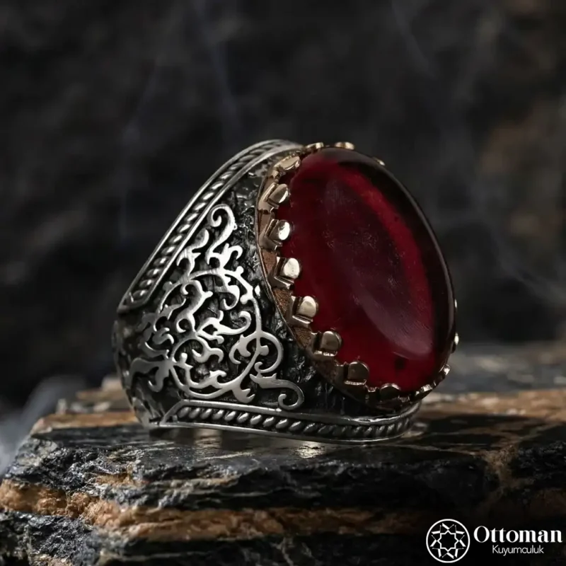 Kırmızı Ateş Kehribar Taşlı Gümüş Erkek Yüzük