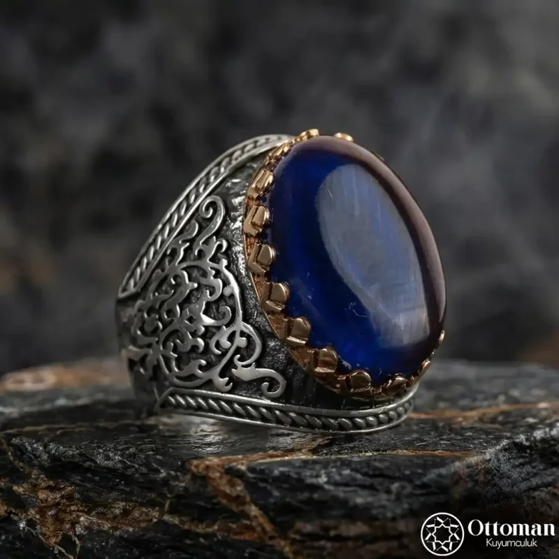 Lacivert Ateş Kehribar Taşlı Gümüş Erkek Yüzük