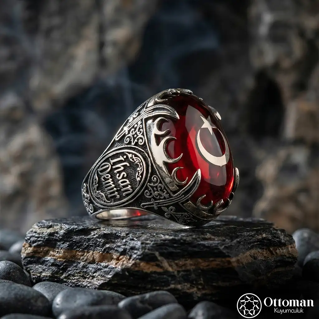 Star and Crescent Fire Amber Silver Men's Ring