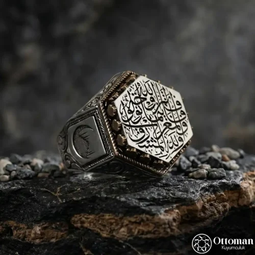 Altıgen Gravürlü Gümüş Erkek Yüzük