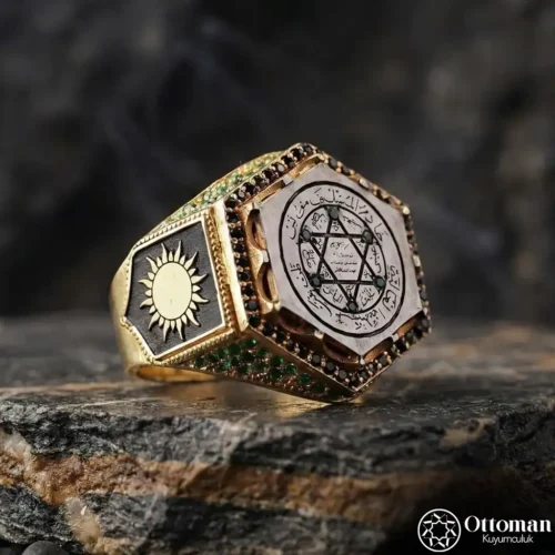 Gold Kaplama Süleyman Mührü Gümüş Erkek Yüzük