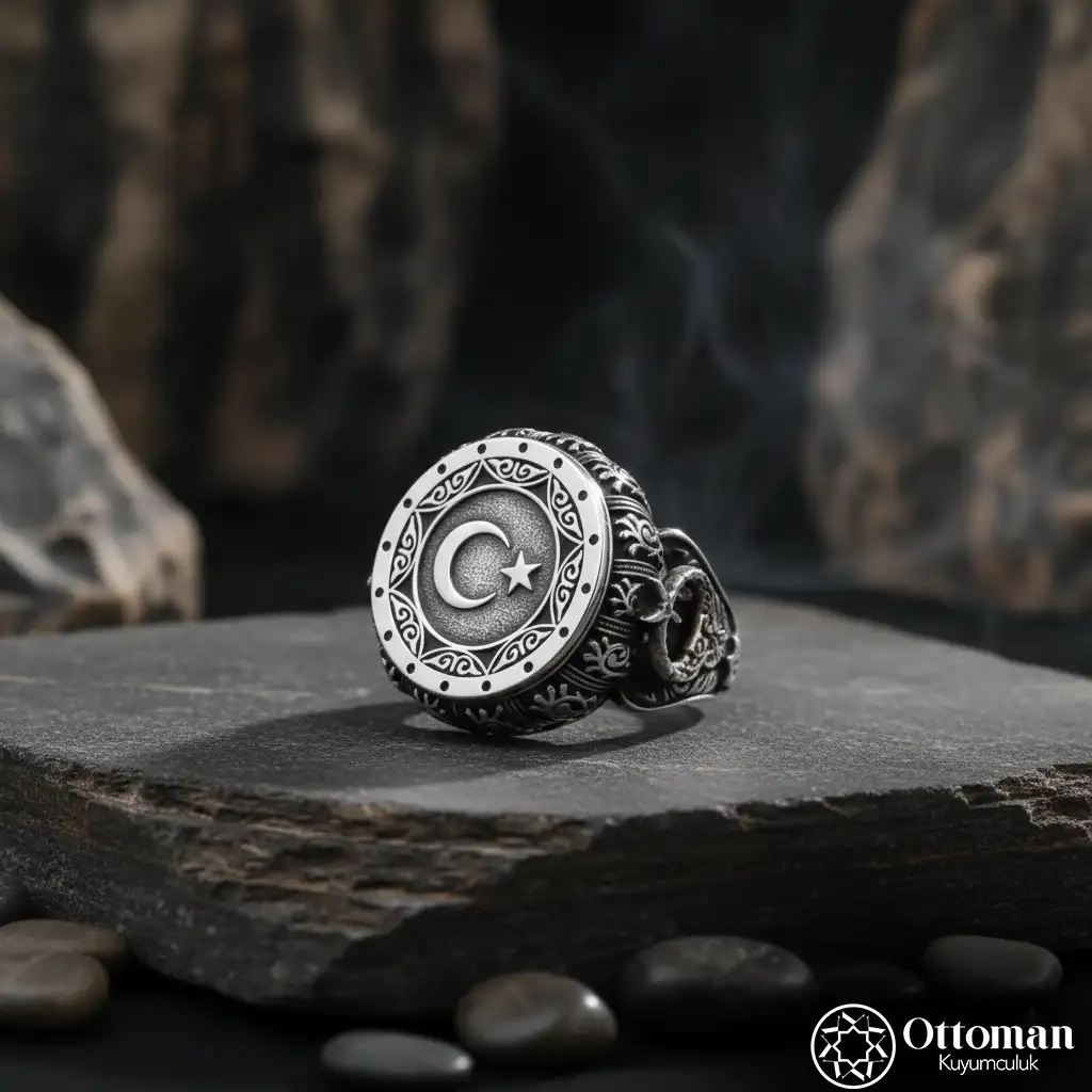 Star and Crescent Silver Men's Ring