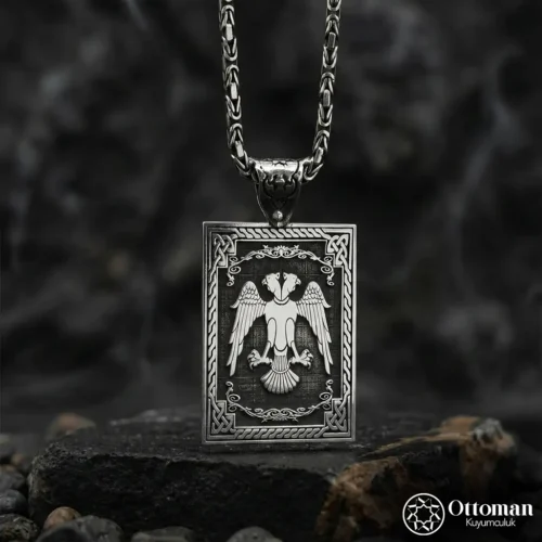 Çift Başlı Kartal Dikdörtgen Gümüş Madalyon Kolye