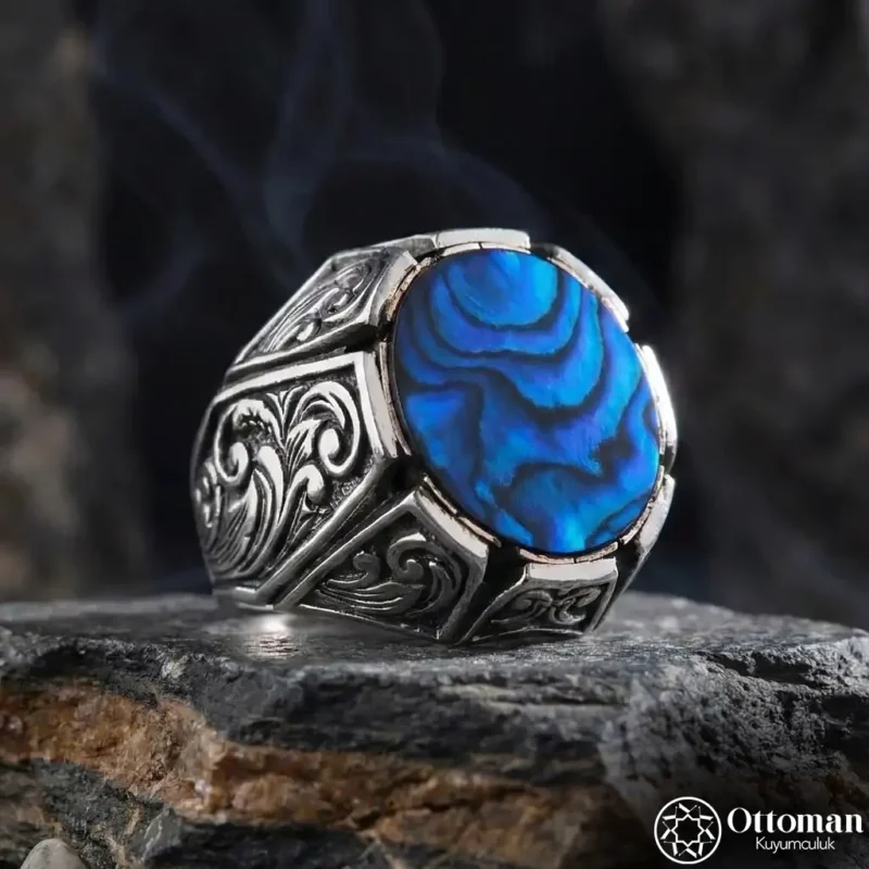 Deniz Sedefi Taşlı Gümüş Erkek Yüzük