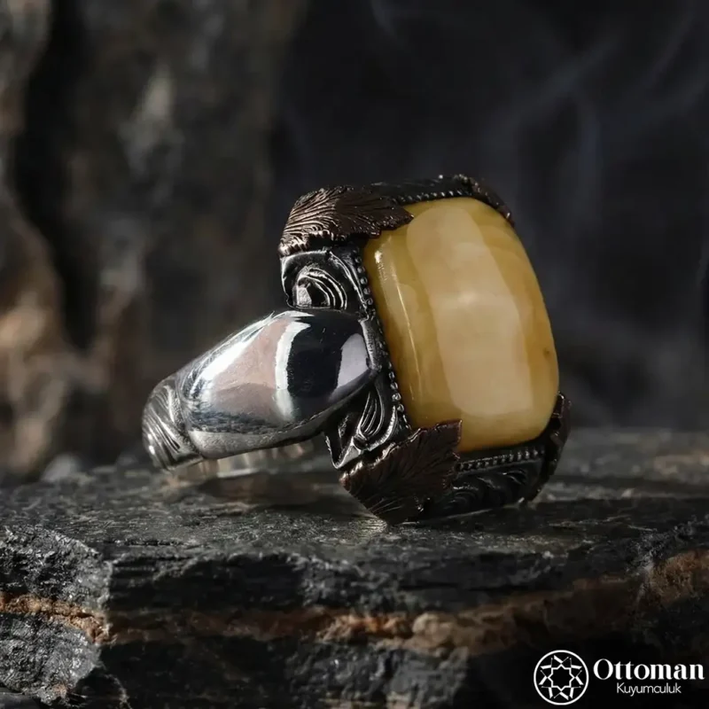 1 Doğal Taş Damla Kehribar Gümüş Erkek Yüzük