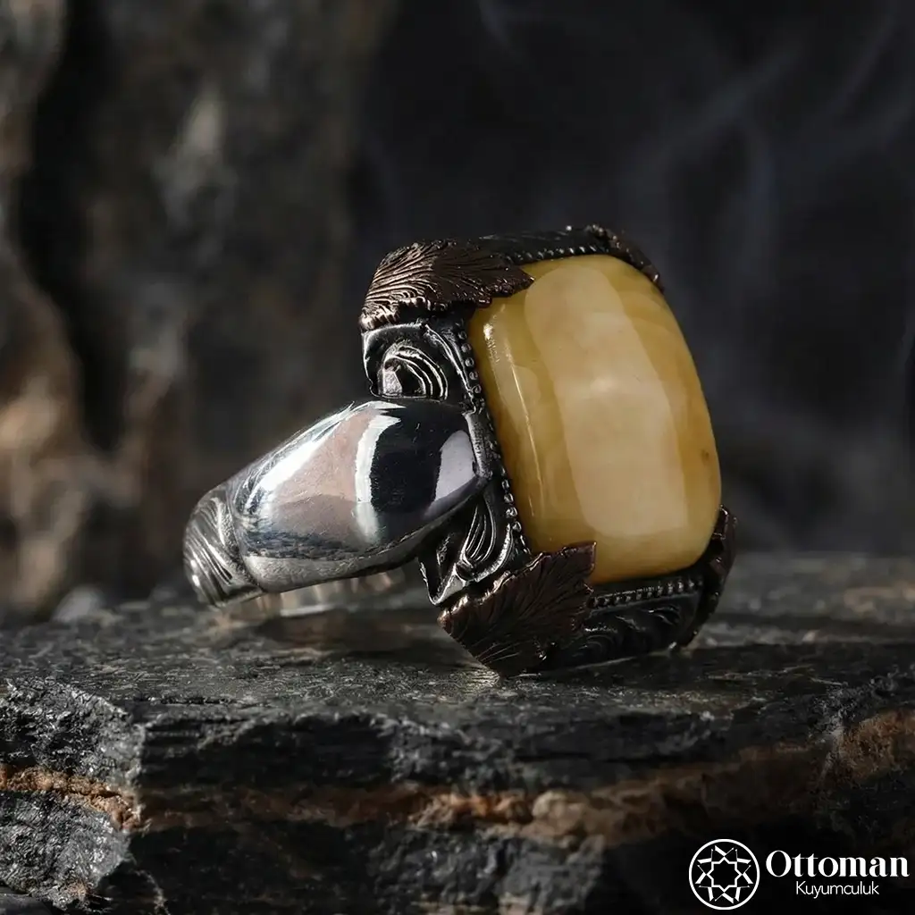 Natural Stone Drop Amber Silver Men's Ring