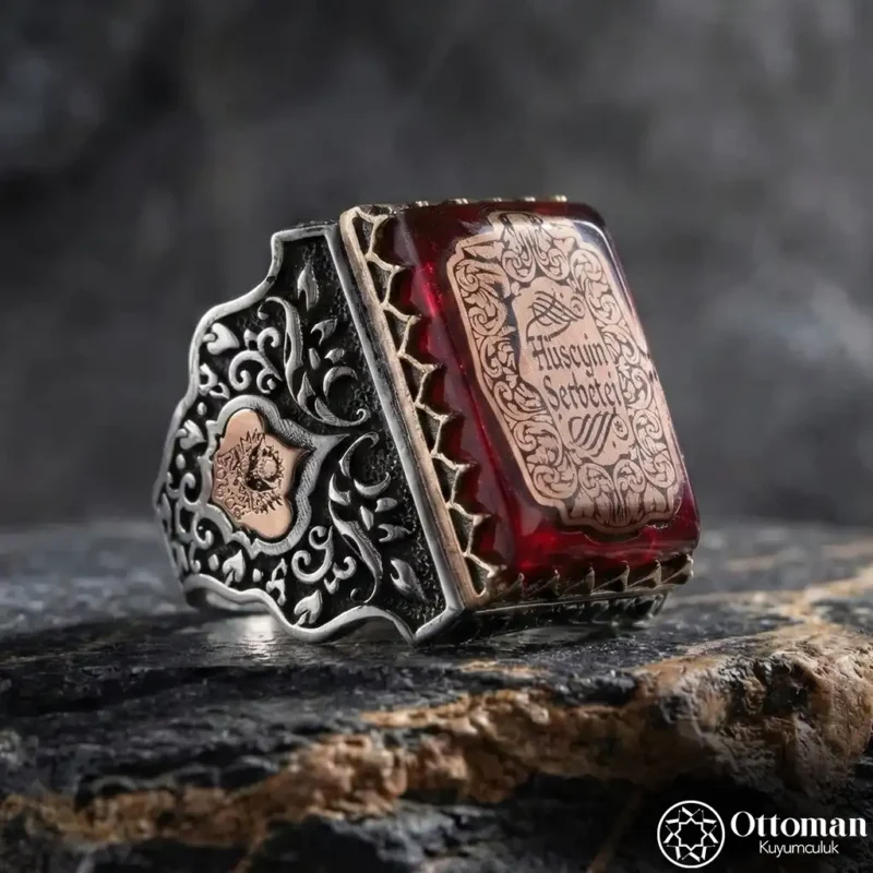 İsimli Özel Tasarım Taşlı Gümüş Erkek Yüzük