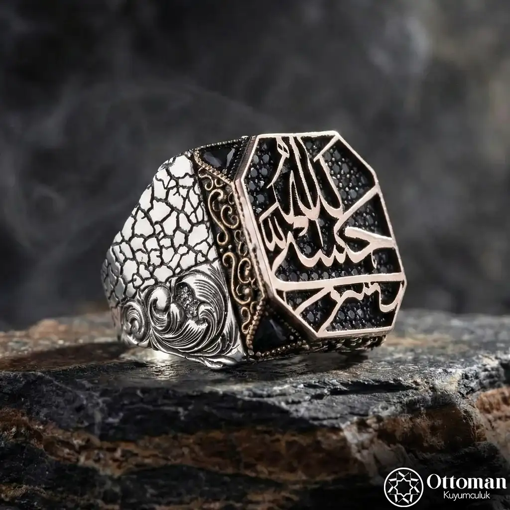 Hasbiyallah Engraved Mikro Stone-set Silver Men's Ring