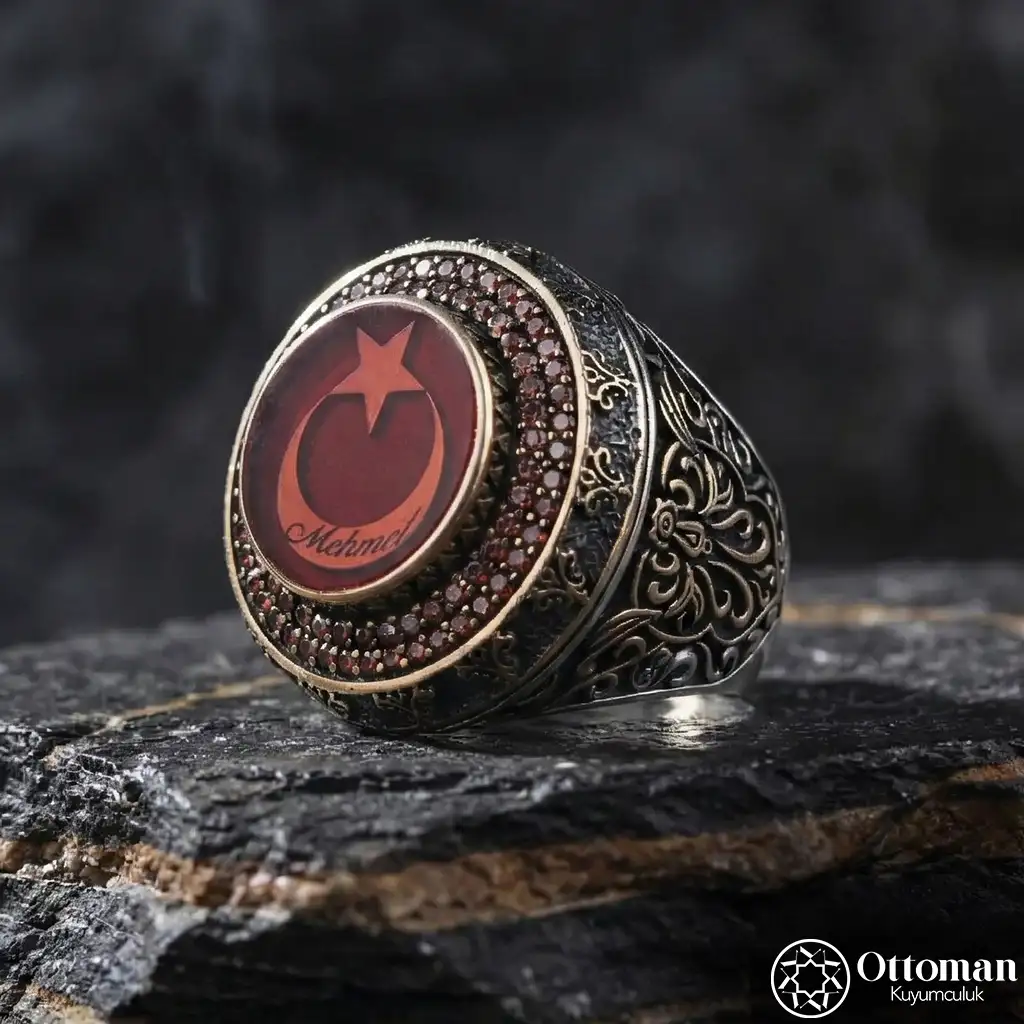 Personalized Star and Crescent Silver Men's Ring
