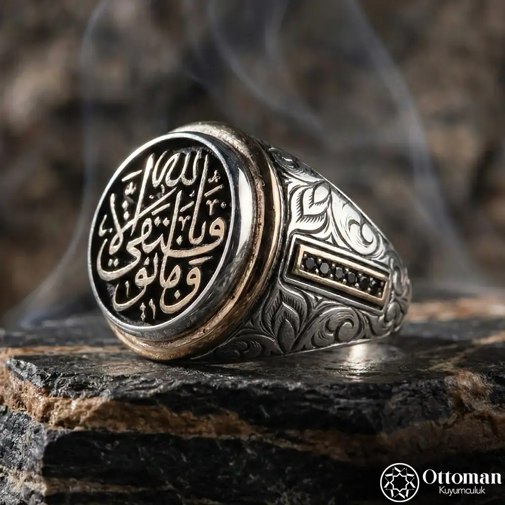Round Engraved Tevfik Silver Men's Ring