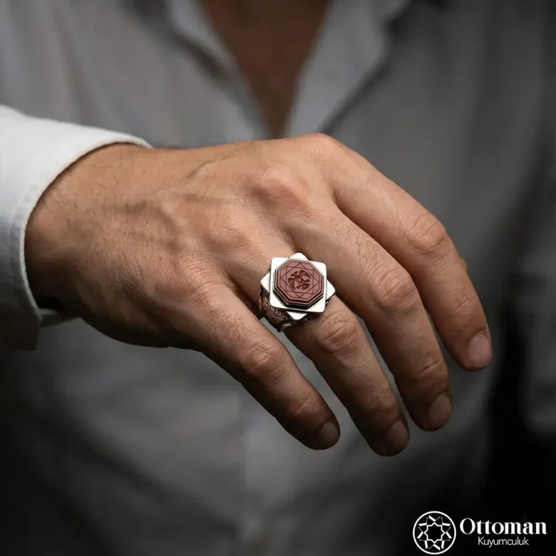 Akik Taşlı Çift Başlı Kartal Gümüş Erkek Yüzük