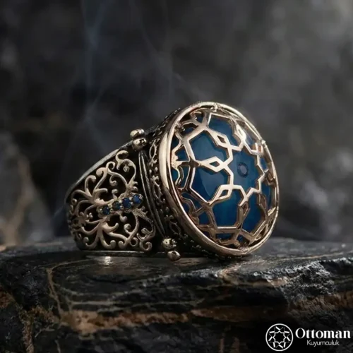Nun Kafesli Lacivert Taşlı Gümüş Erkek Yüzük
