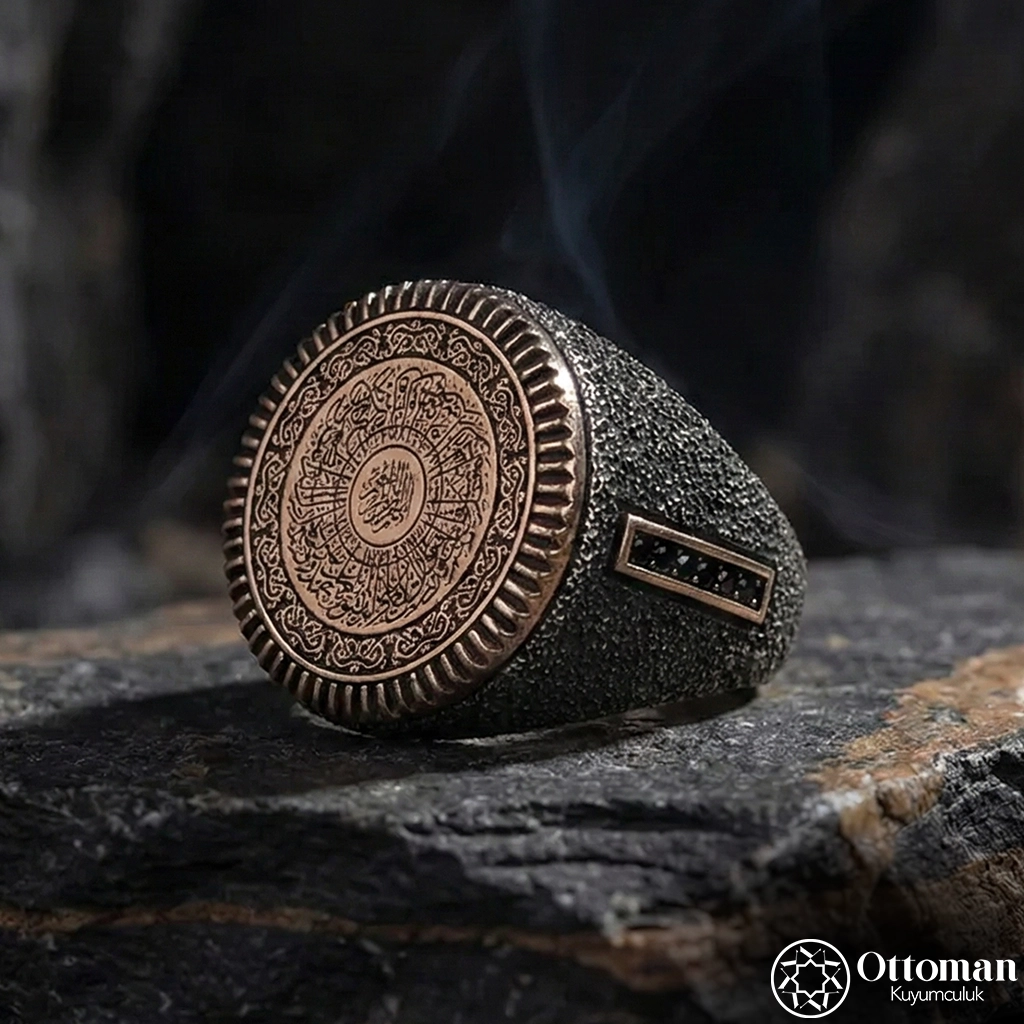 Dokulu İnşirah Engraved Silver Men's Ring