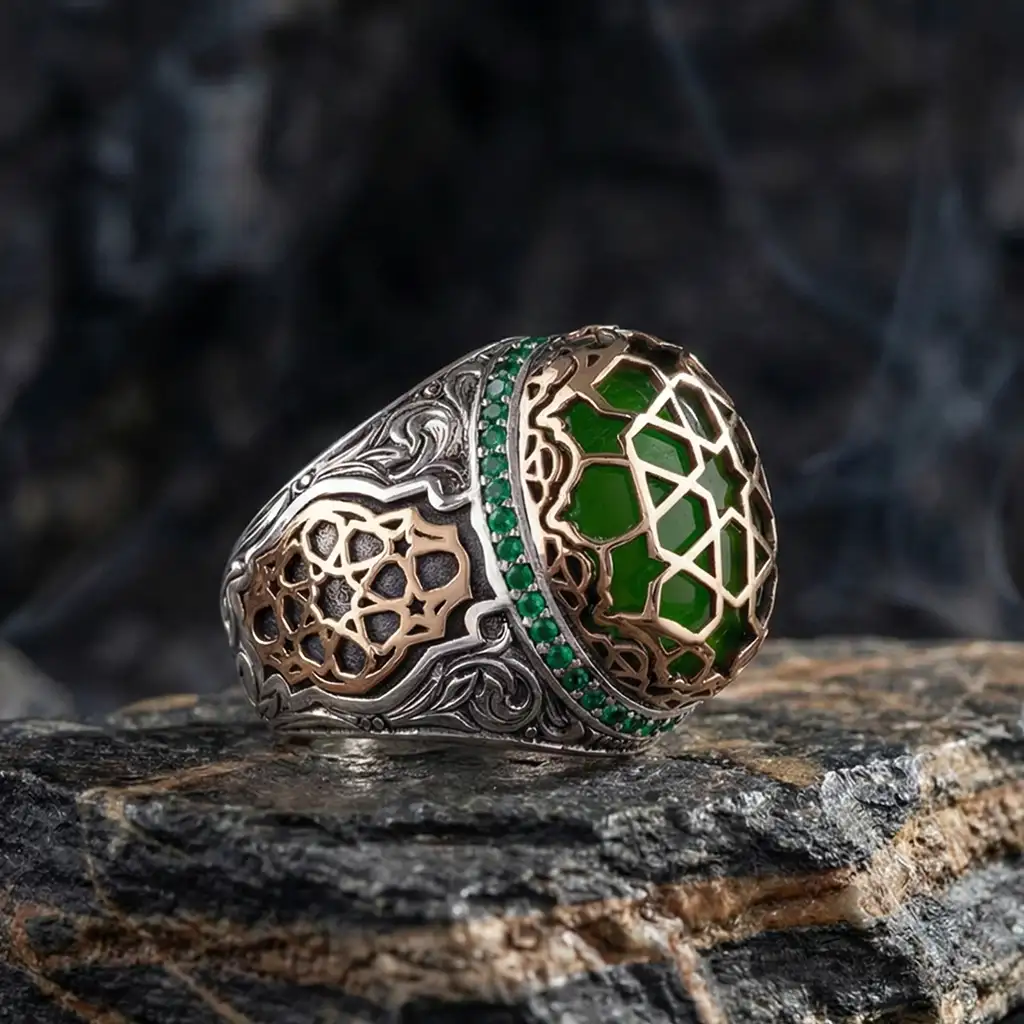 Manüsküllü Kafes Green Stone-set Silver Men's Ring