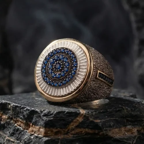 Dokulu Mavi Taşlı Gümüş Erkek Yüzük