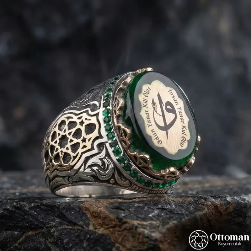 Manisküllü Vav Elif Yazılı Gümüş Erkek Yüzük