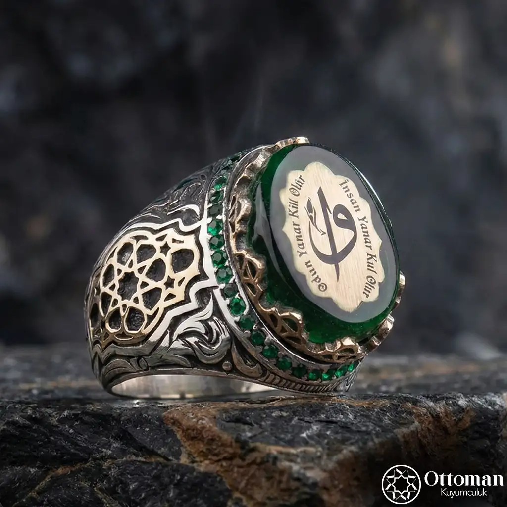 Manisküllü Vav Alif Engraved Silver Men's Ring