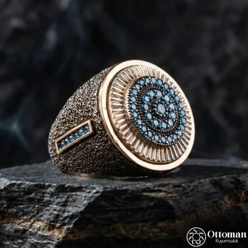 Dokulu Blue Topaz Taşlı Gümüş Erkek Yüzük