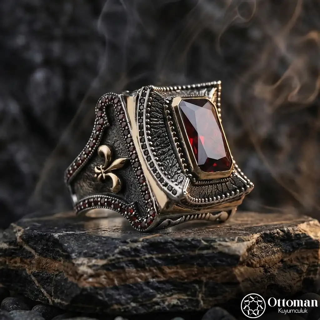 Şah Silver Red Stone-set Men's Ring