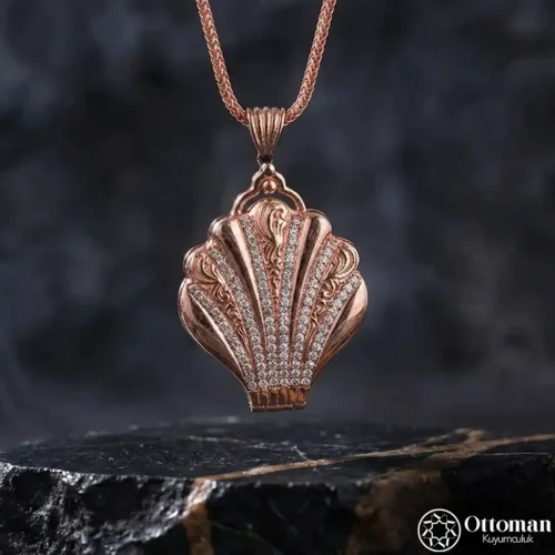 Midye Taşlı Kapaklı Rose Renk Gümüş Kadın Kolye