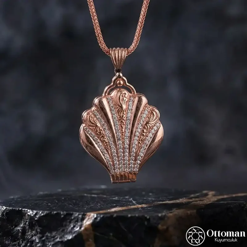 2 Midye Taşlı Kapaklı Rose Renk Gümüş Kadın Kolye