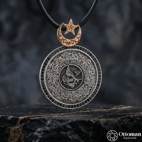 Ayetel Kürsi Tuğralı ve İmzalı Gümüş Erkek Kolye