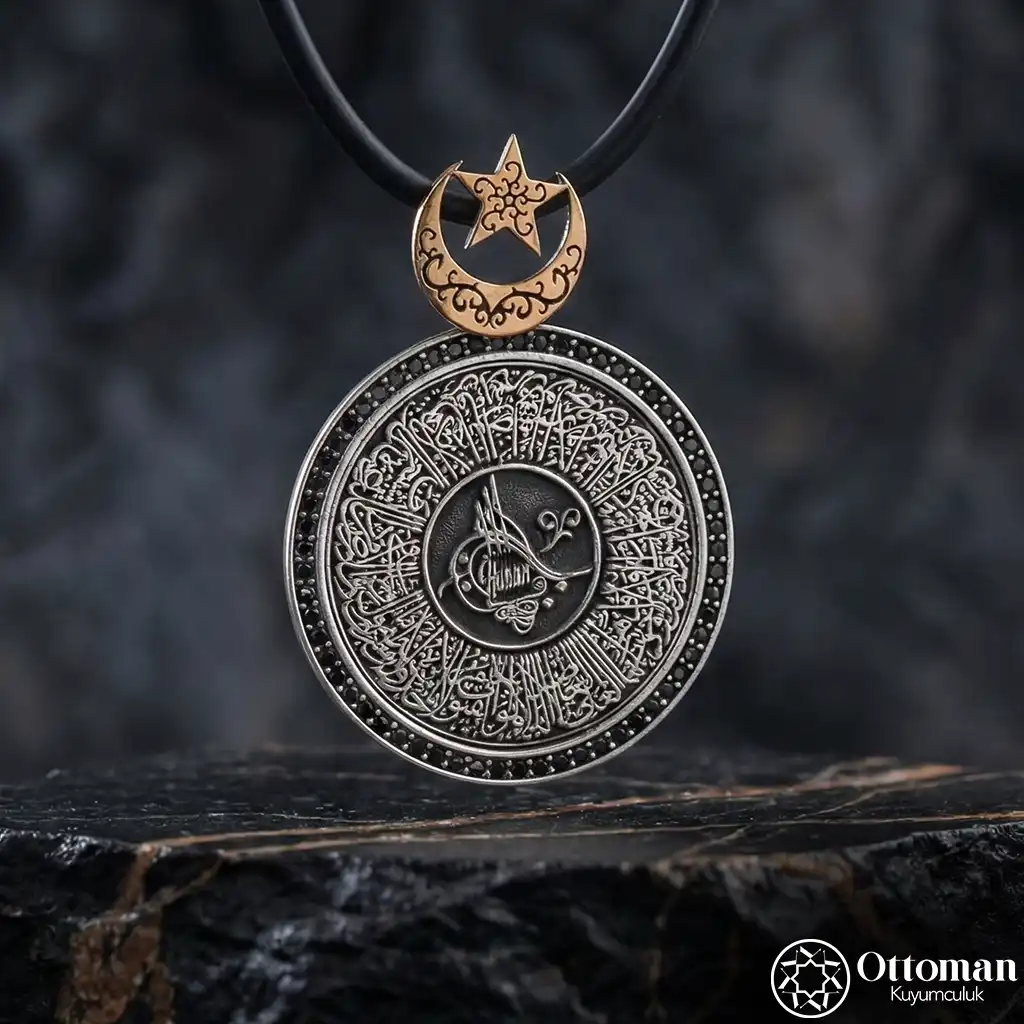 Ayat al-Kursi Tughra & İmzalı Silver Men's Necklace