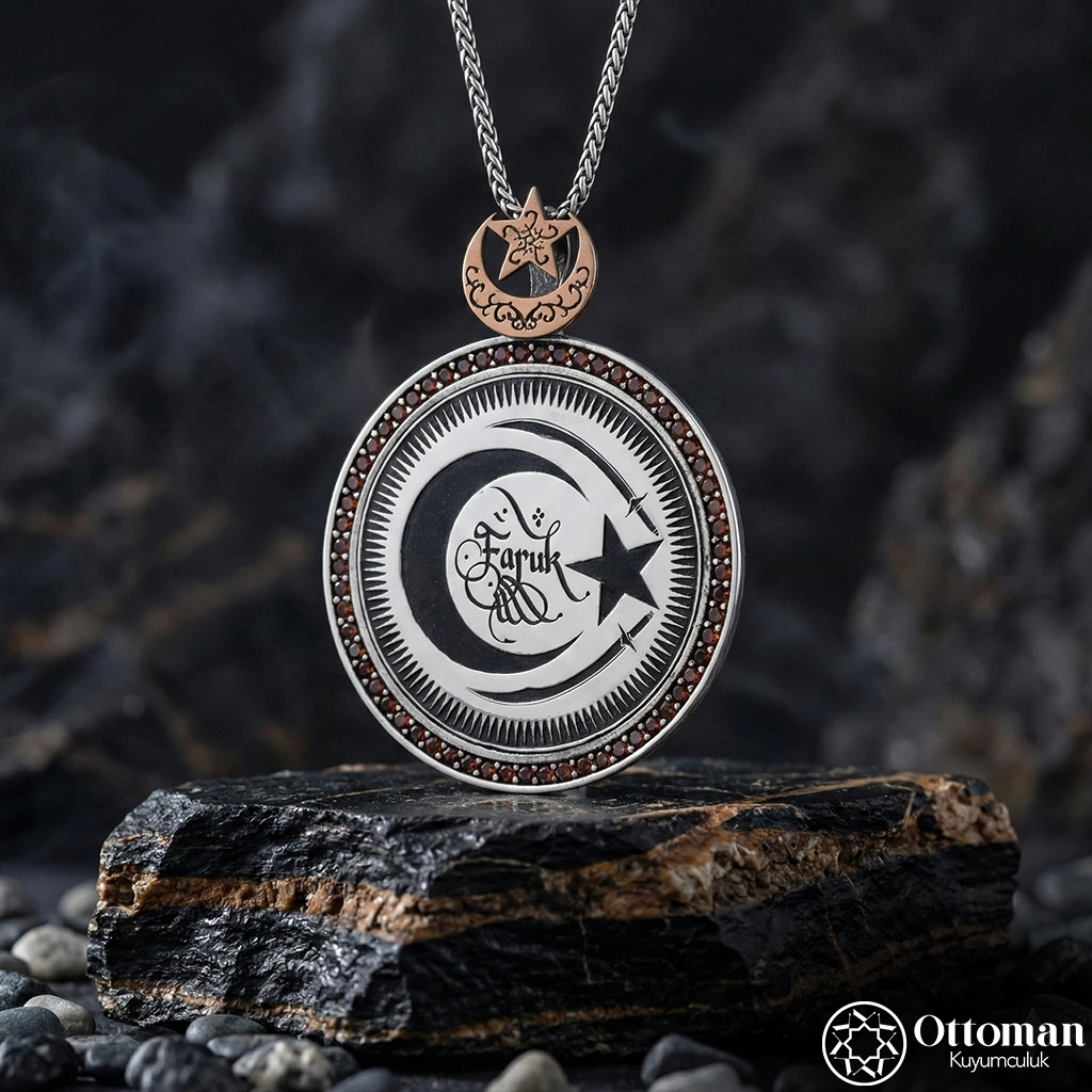 Star and Crescent Medallion Silver Men's Necklace
