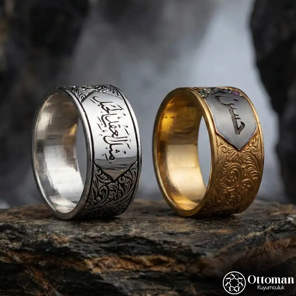 Engraving Patterned Personalized Silver Wedding Ring Set