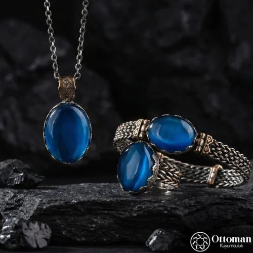 Kehribar Taşlı Üçlü Örme Gümüş Kadın Set