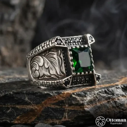 Yeşil Zirkon Gümüş Erkek Yüzük